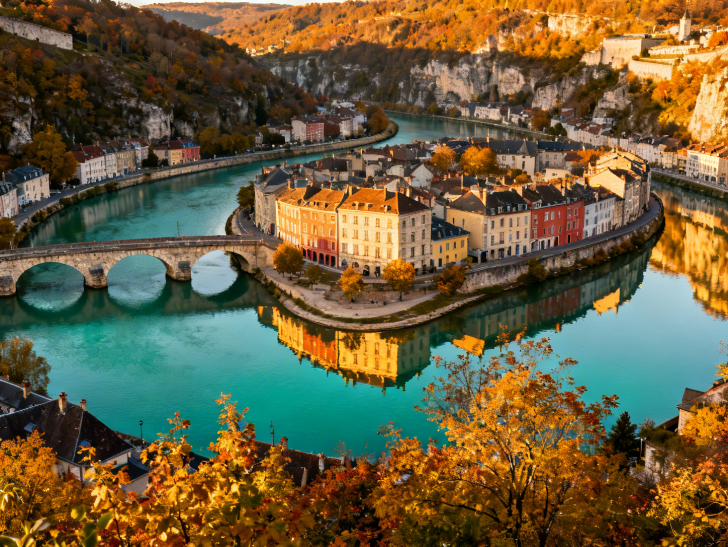 Panorama de la boucle du Doubs entourant le centre historique de Besançon
