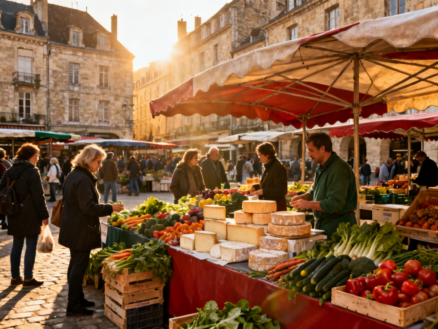 Étals de fromages et produits locaux au marché de Rivotte à Besançon