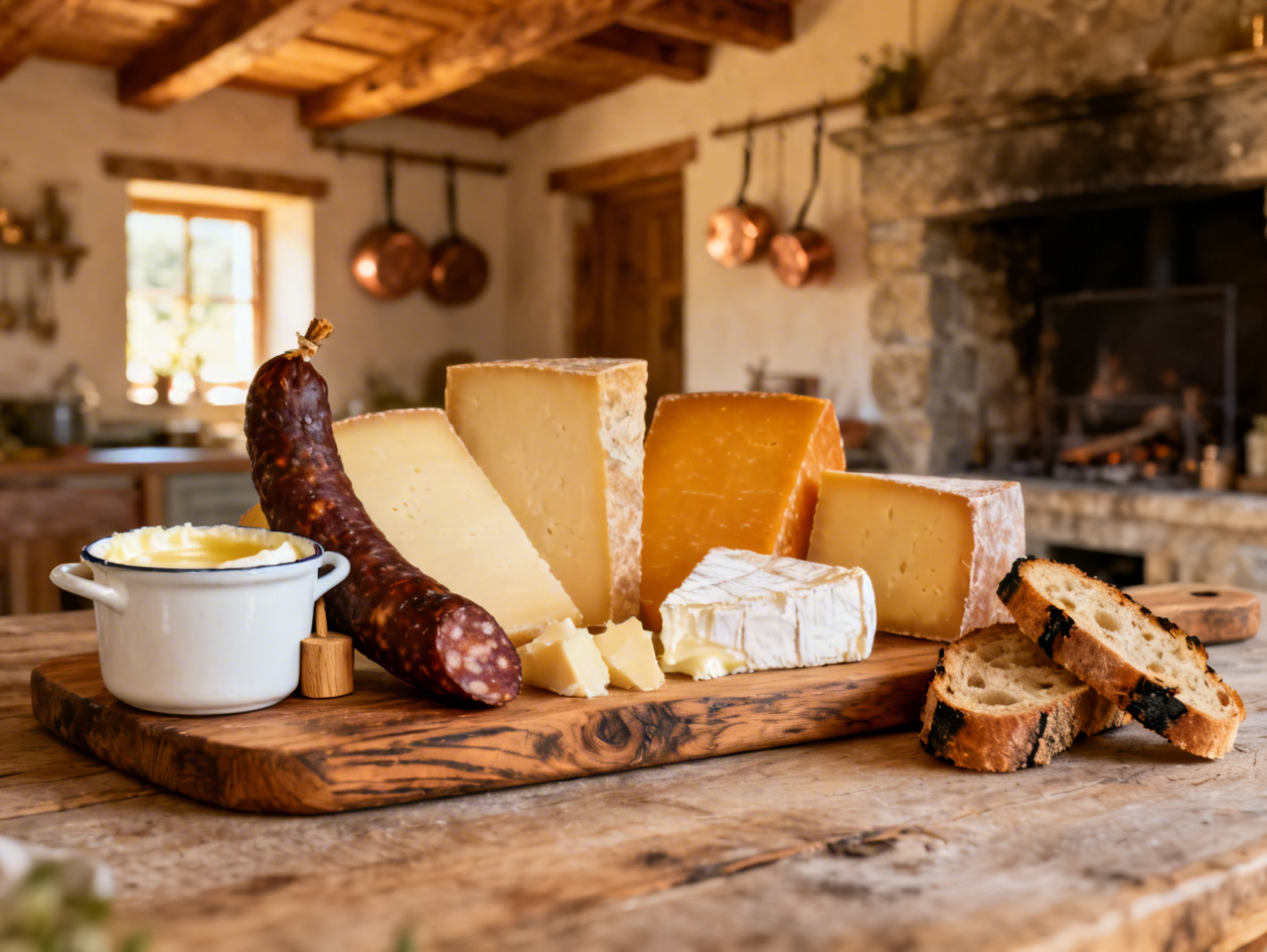 Plateau de spécialités franc-comtoises avec Comté, Morteau et cancoillotte