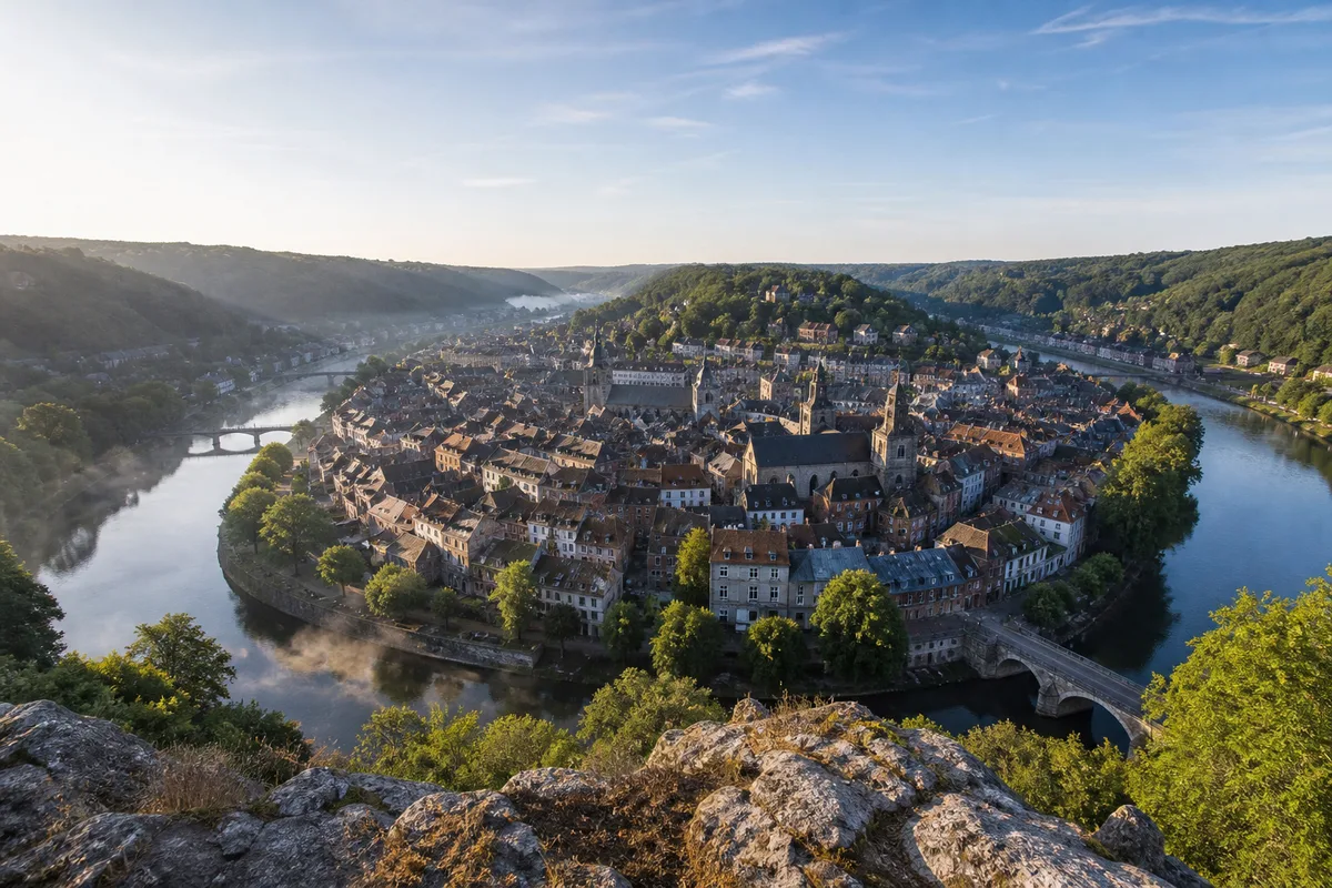 Vue en hauteur du méandre du Doubs enserrant les toits du centre historique de Besançon