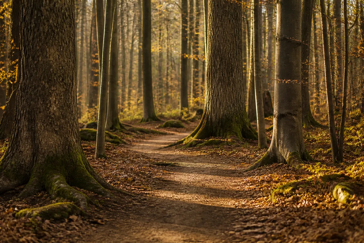 Sentier forestier bordé de hêtres et de chênes sous une lumière douce de fin de journée