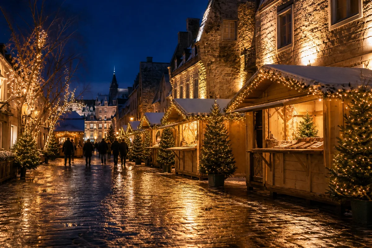 Chalets en bois illuminés d’un marché de Noël sur une place bordée de façades anciennes