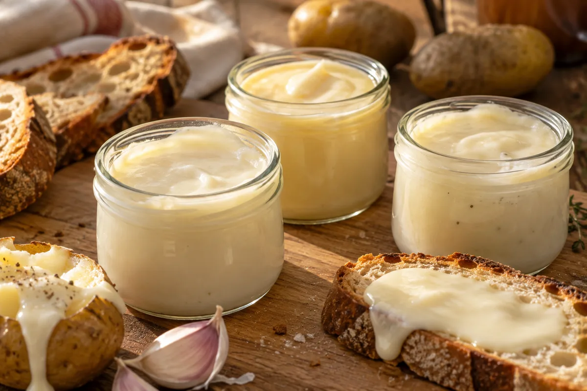 Pots de cancoillotte ouverts sur une planche en bois, entourés de pain grillé et de pommes de terre
