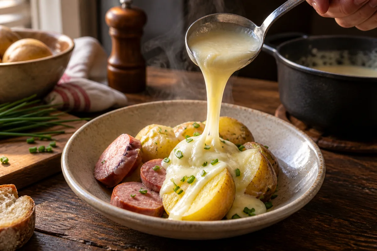 Cancoillotte chaude versée à la louche sur des pommes de terre en robe des champs dans une assiette creuse