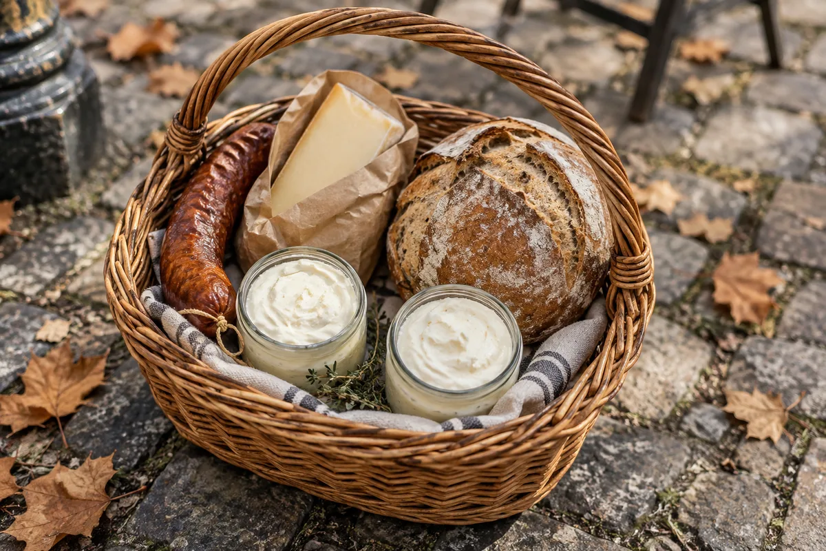 Panier en osier posé sur des pavés, garni de pots de fromage, d’une saucisse fumée et d’un pain de campagne