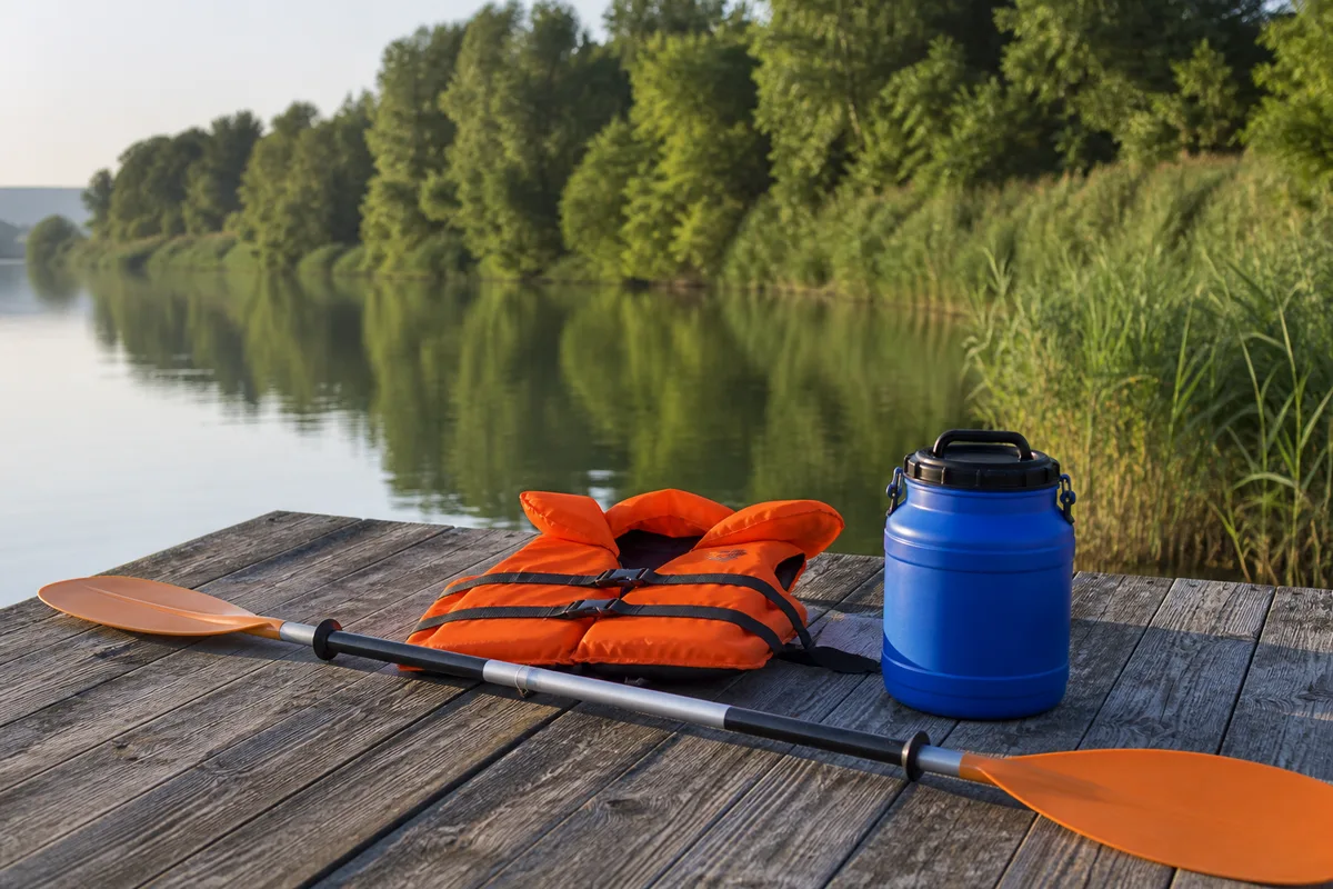 Gilet d’aide à la flottabilité et pagaie posés sur un ponton en bois au bord d’une rivière