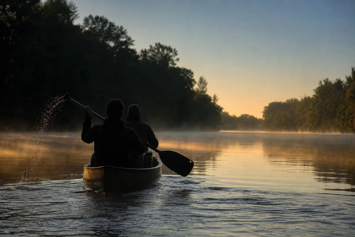 Pagayeurs sur une rivière calme au lever du jour, brume légère sur l’eau