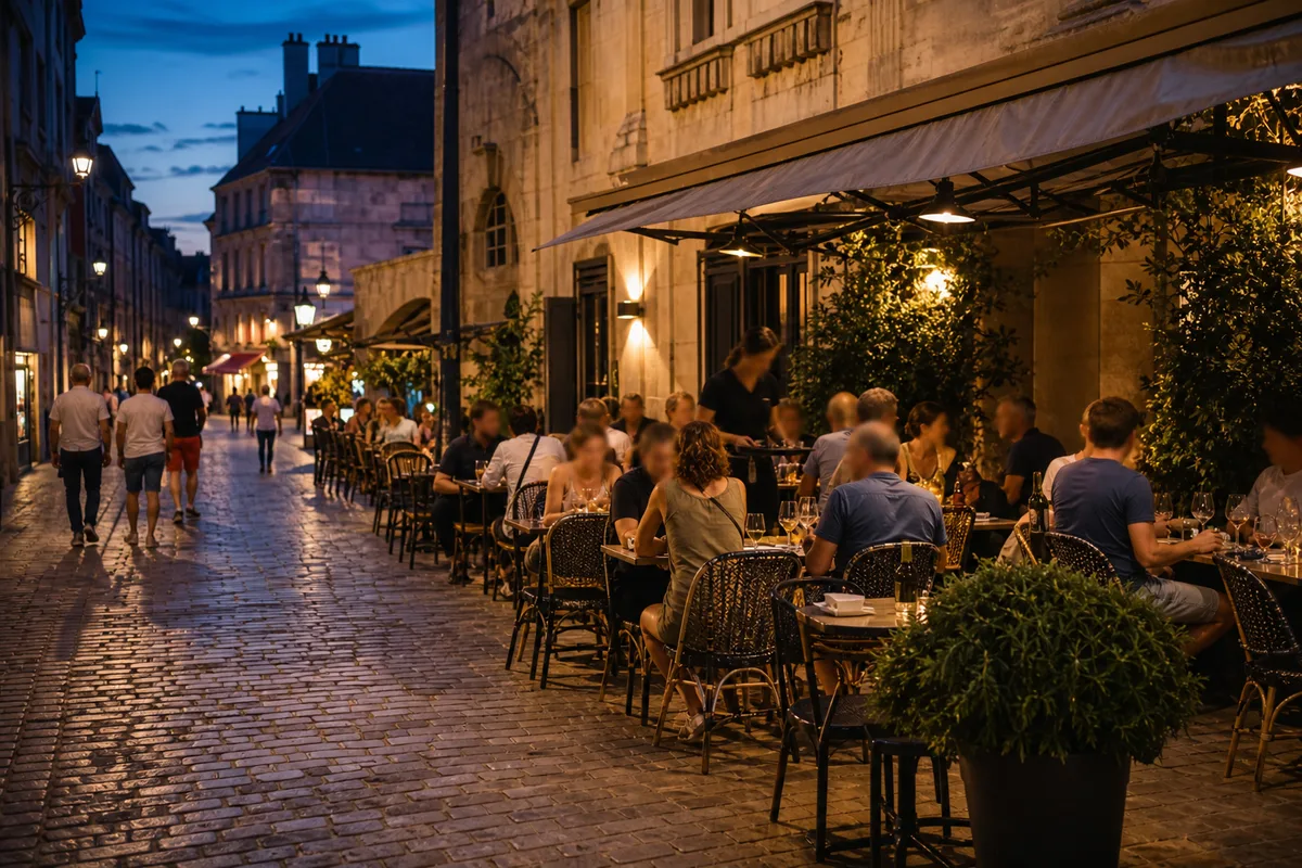 Terrasse de restaurant animée dans le centre historique de Besançon en fin de journée