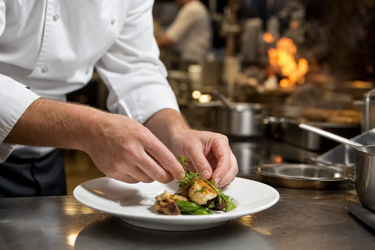 Cuisinier préparant un plat dans une cuisine professionnelle animée