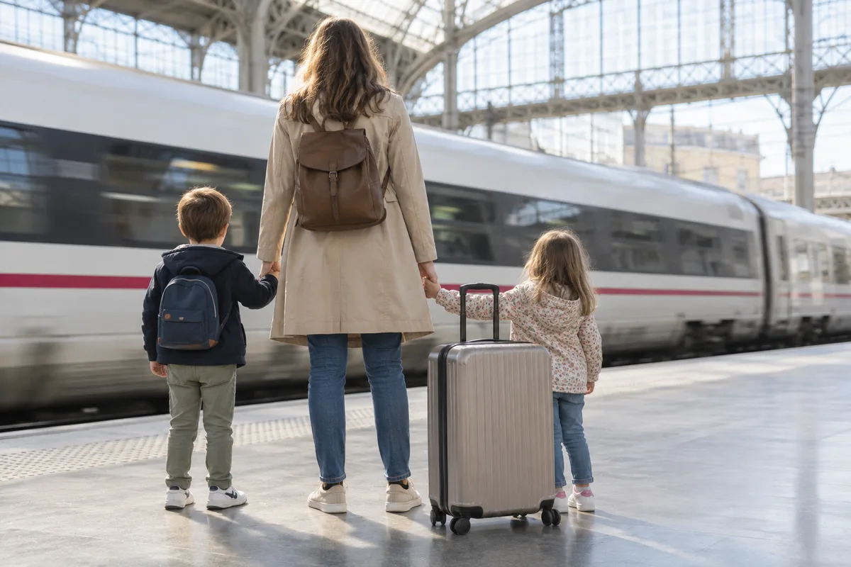 Famille de dos sur un quai de gare devant un train à grande vitesse en mouvement