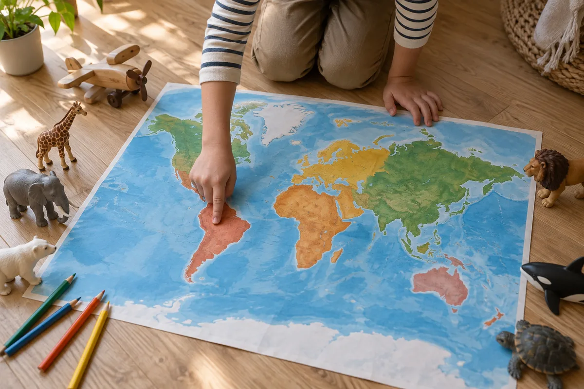 Enfant penché sur une carte du monde posée au sol entourée de petits jouets