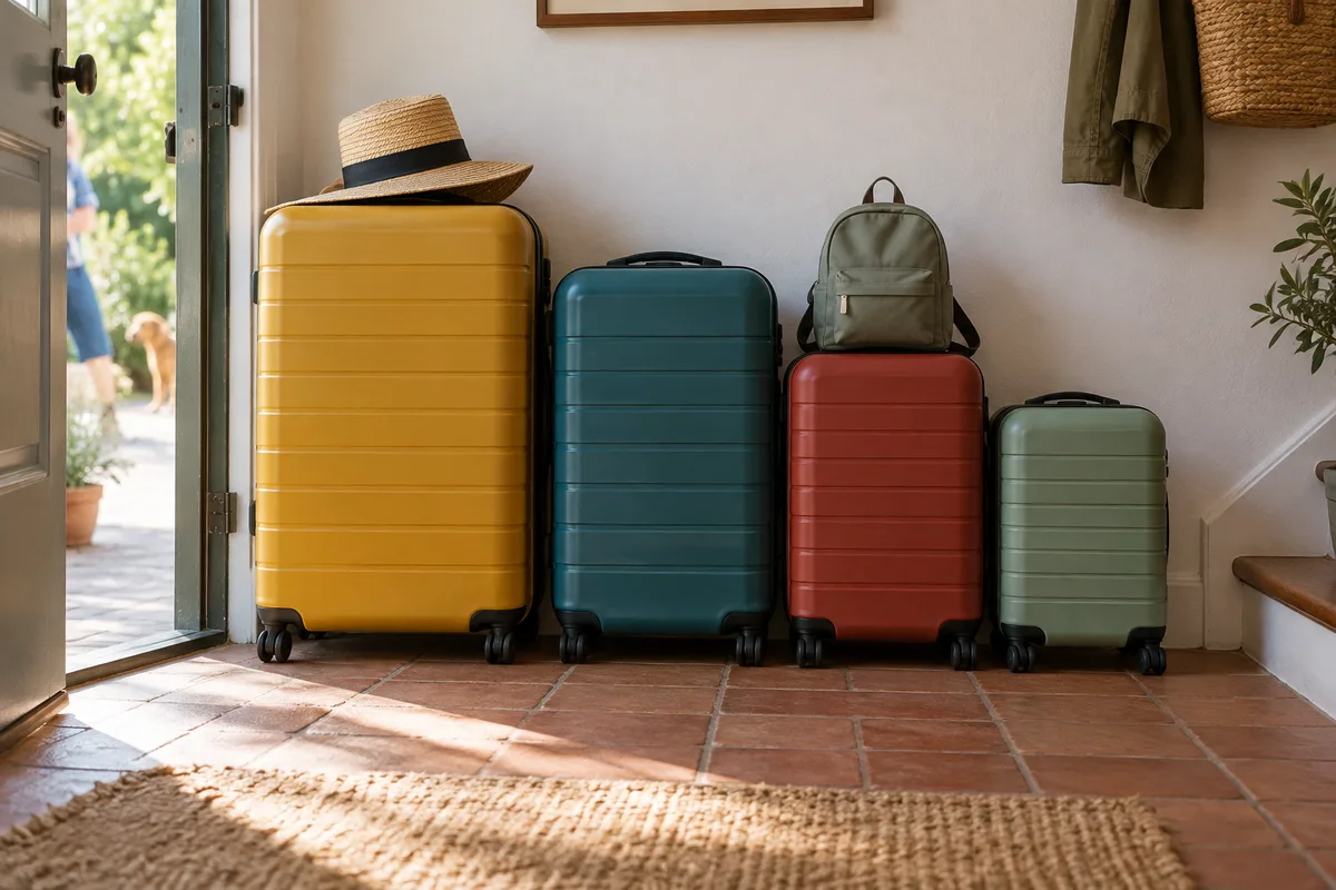 Valises colorées de différentes tailles alignées dans l’entrée d’une maison