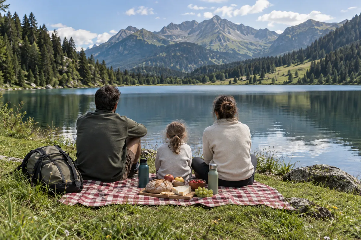 Pique-nique familial sur l’herbe au bord d’un lac de montagne