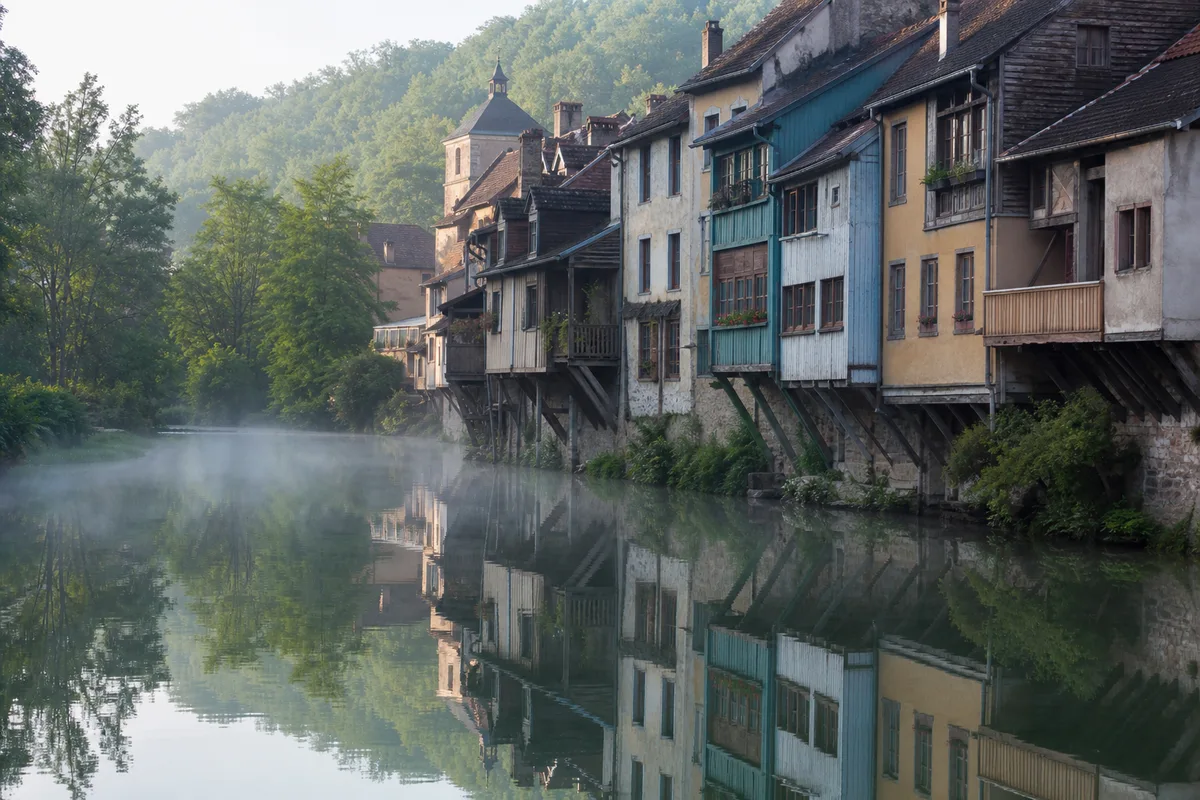Maisons sur pilotis se reflétant dans la Loue à Ornans